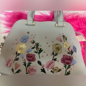 Studio 33 Floral Embroidered Pale Grey Faux Leather Handbag with Crossbody Strap